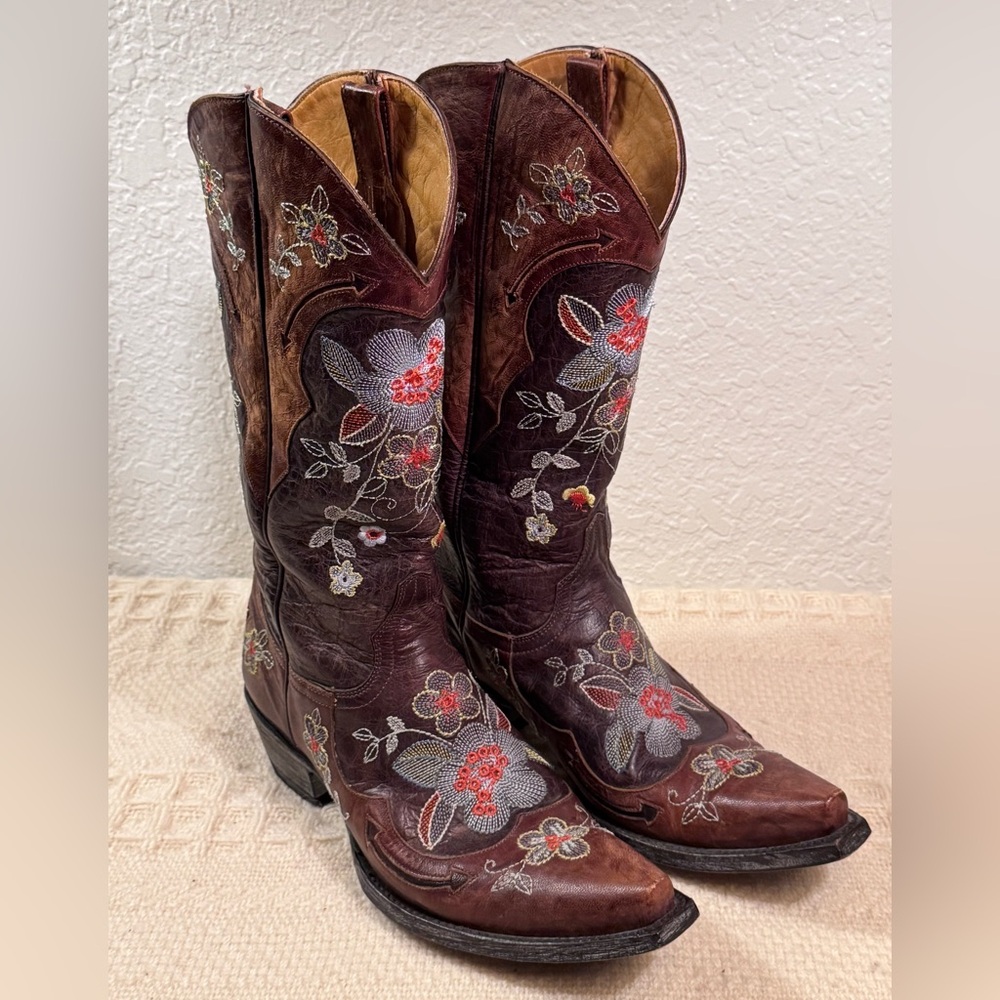 Old Gringo Bonnie Brass Floral Embroidered Leather Western Boots Brown Tall 8.5 - Picture 3 of 12